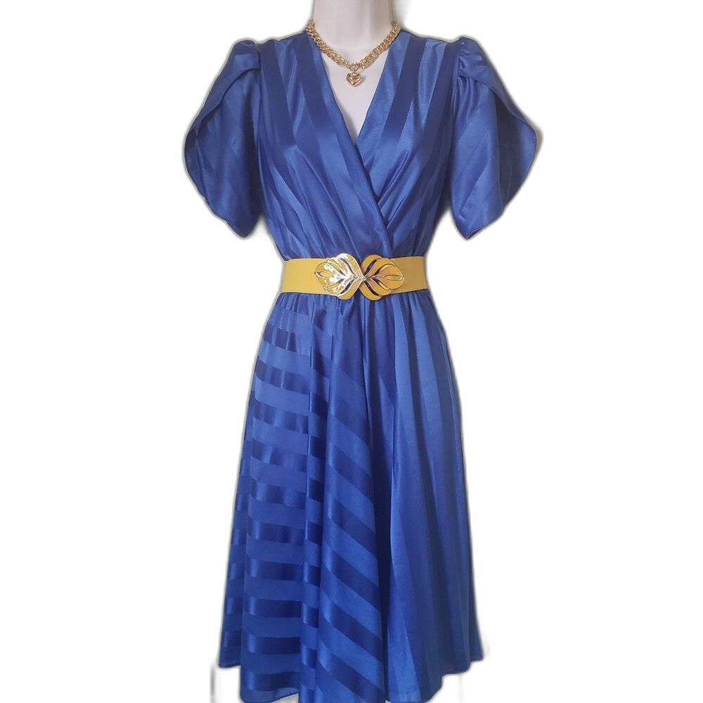 80s Vintage Retro Royal Blue Striped Day Dress